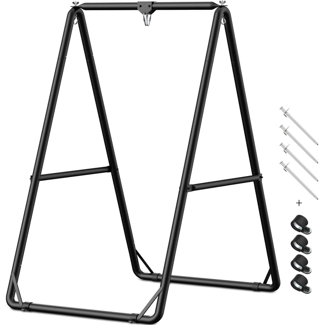 GREENSTELL Hammock Chair Stand, Swing Stand with 3 Hooks Fit for Most Hanging Chairs, Ground Nails for Outdoor and Rubber Clamps for Indoor, Hanging Stand Only Max Load 500lbs, Swing Chair not Include