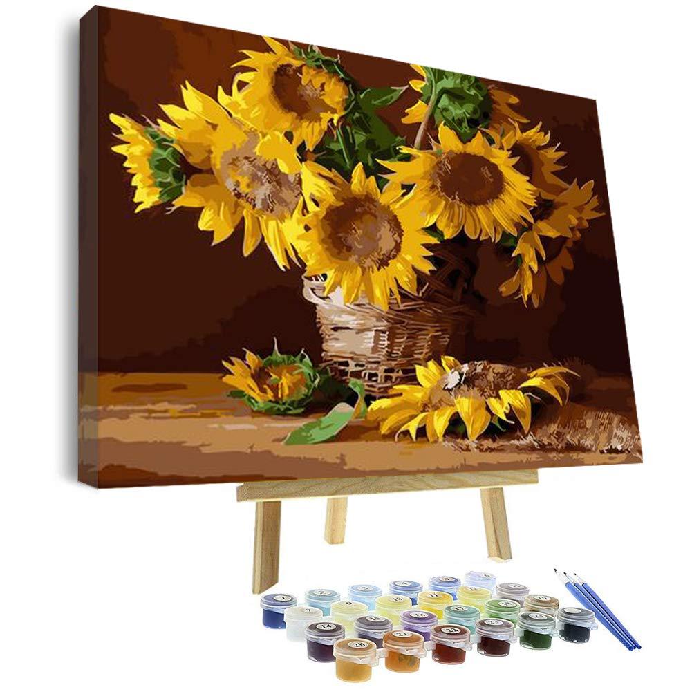 VIGEIYA 16x20in Oil Paint by Numbers for Adults Beginners Gift Include Framed Canvas and Wooden Easel with Brushes and Acrylic Pigment (Sunflower)