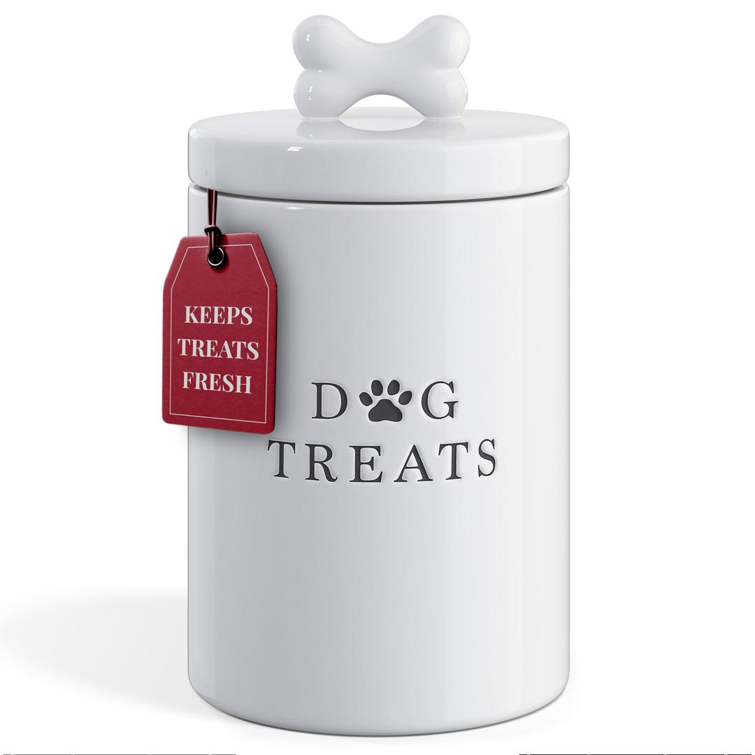 Barnyard Designs Large Dog Treat Container Airtight with Lid, Cute Dog Treat Jar, Rustic Dog Treat Storage Container, Ceramic Dog Treat Jar for Kitchen Counter (White)