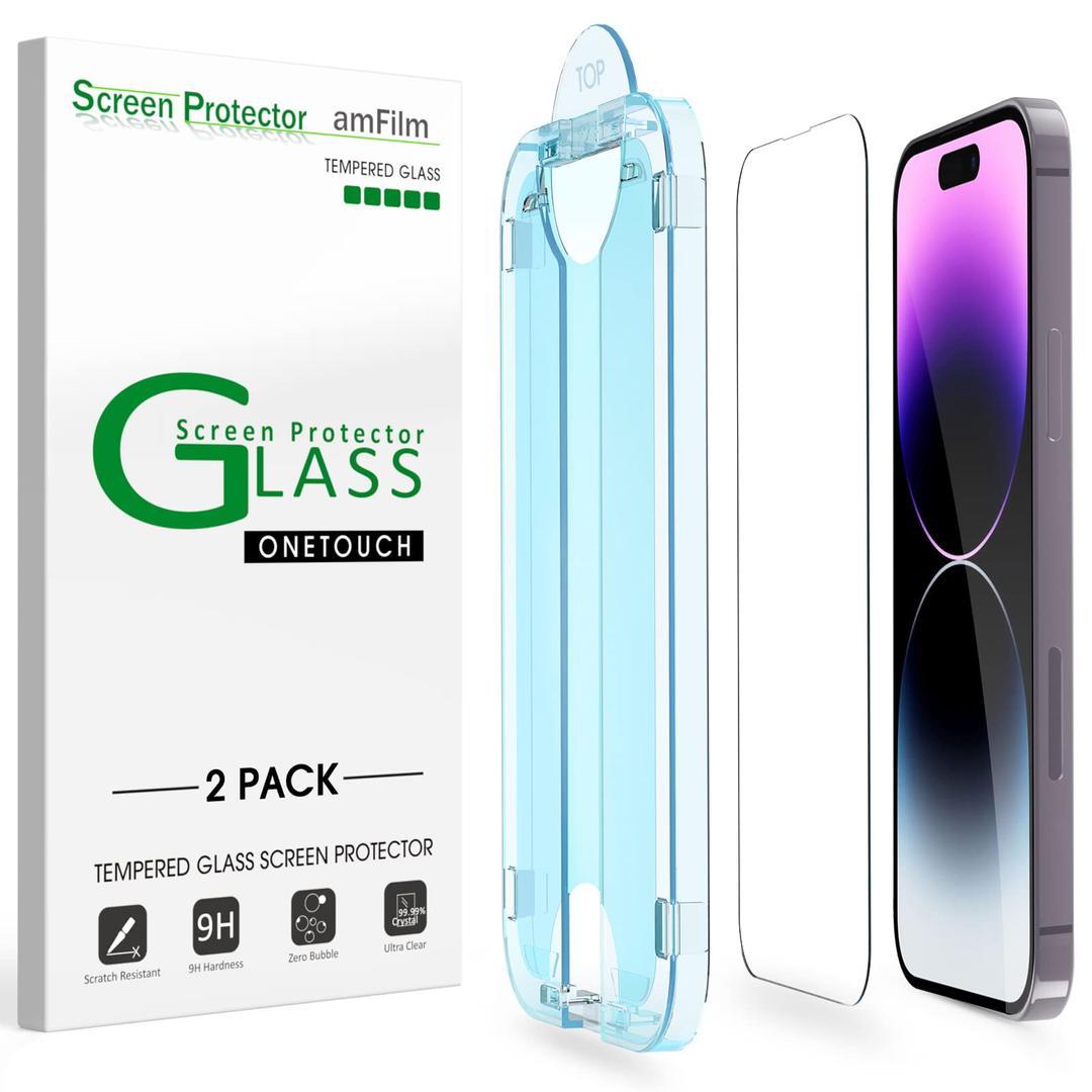 amFilmEasiest Installation OneTouch for iPhone 14 Pro [6.1 Inch] Screen Protector Tempered Glass, Auto-Alignment Tech, Bubble Free and Full Coverage Case Friendly, Anti-Scratch 2 Pack