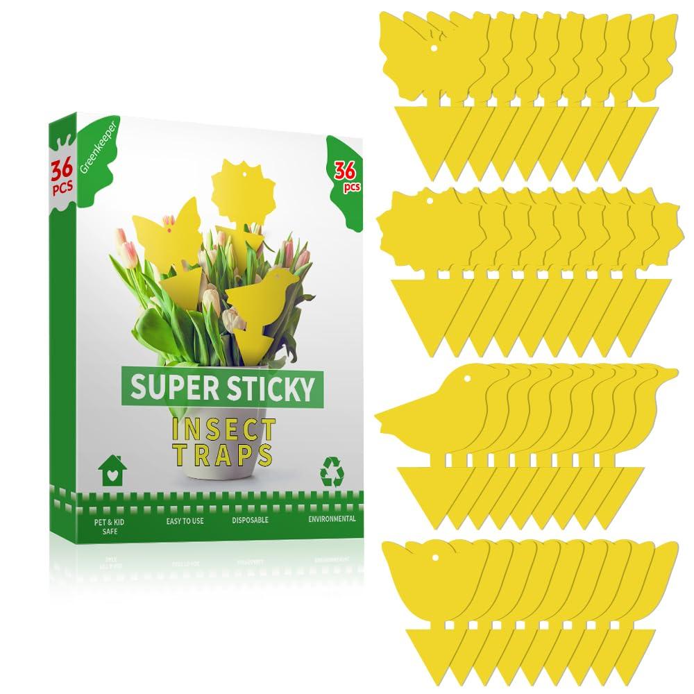 36 Pcs Classic Sticky Traps for Fungus Gnat (Plants), Fruit Fly, Whitefly, and Fly, Yellow Sticky Insect Catcher Traps for Indoor/Outdoor, Kitchen, and Plants, High-End Glue, Non-Toxic, 4 Shapes