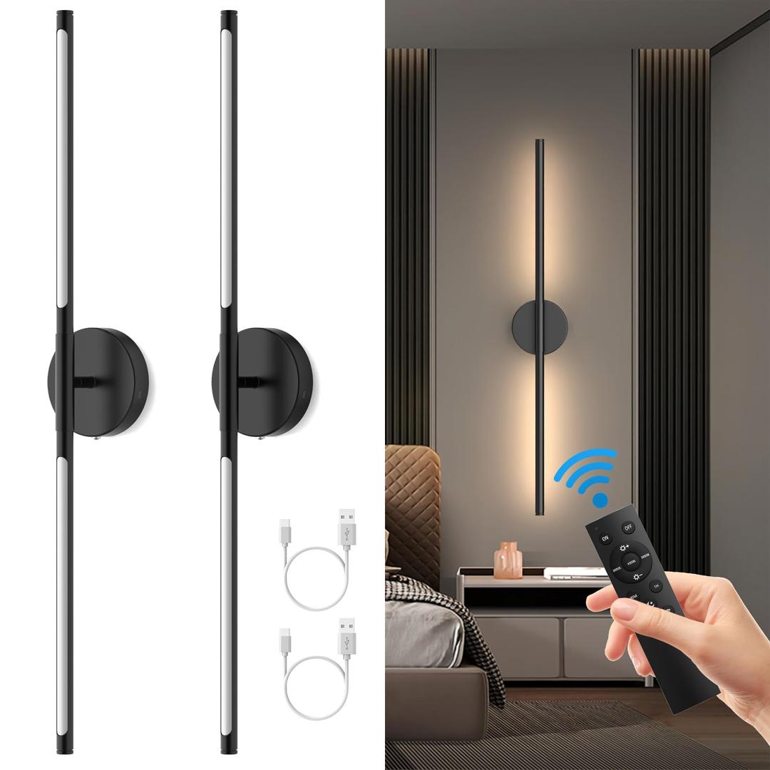 Battery Operated Wall Sconces Set of Two, Rechargeable Wall Lights with Remote Control, Dimmable 3000K-6000K LED Wall Lamp, 360°Rotate, Long Wireless Sconces for Living Room, Bedroom, Black - 32 Inch