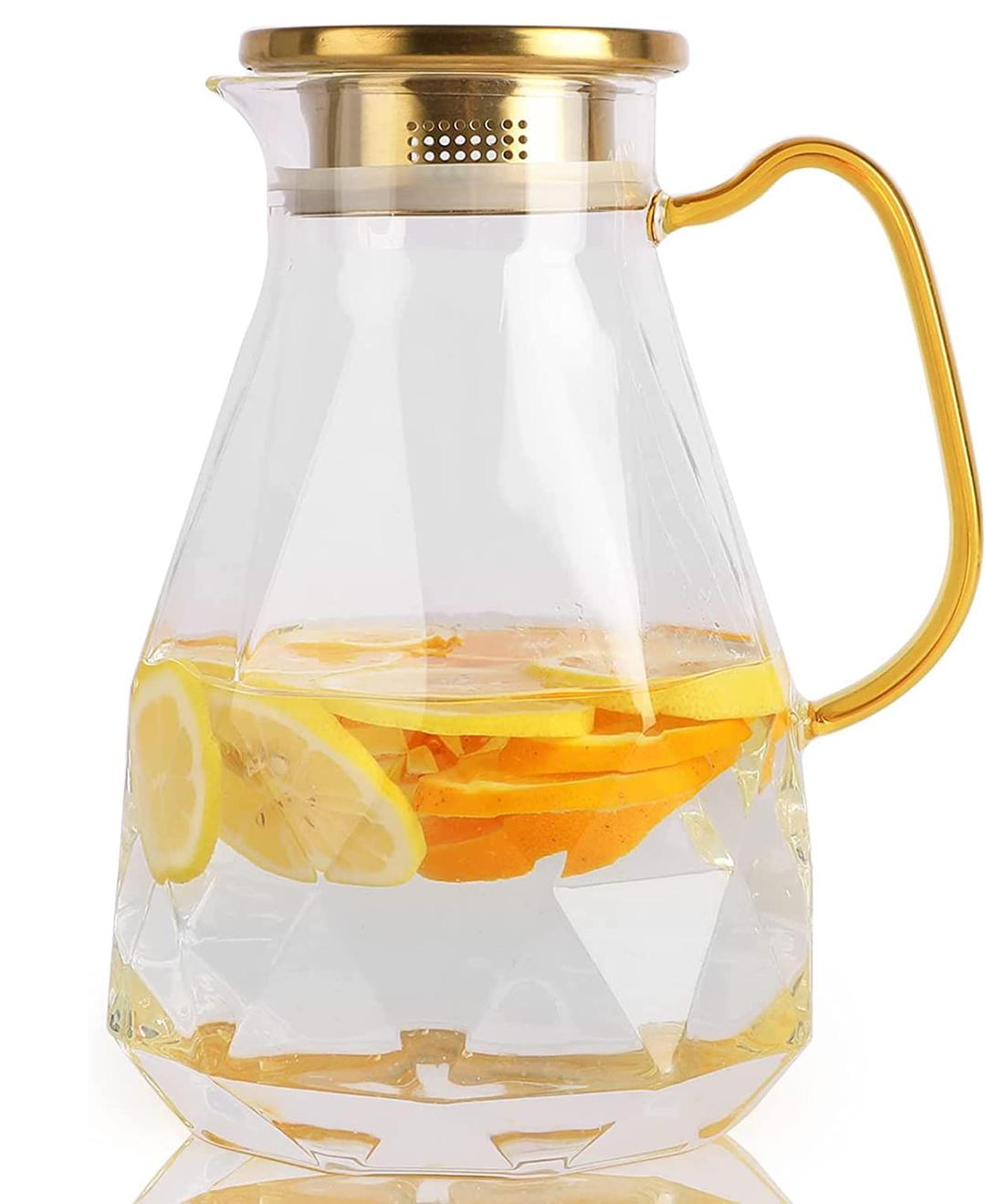 Glass Pitcher,74oz/2.2 Liter Water Pitcher with Lid,Beverage Serveware,Iced Tea Pitcher,Water Carafe with Handle,Heat Resistant Borosilicate Water Glass Jug