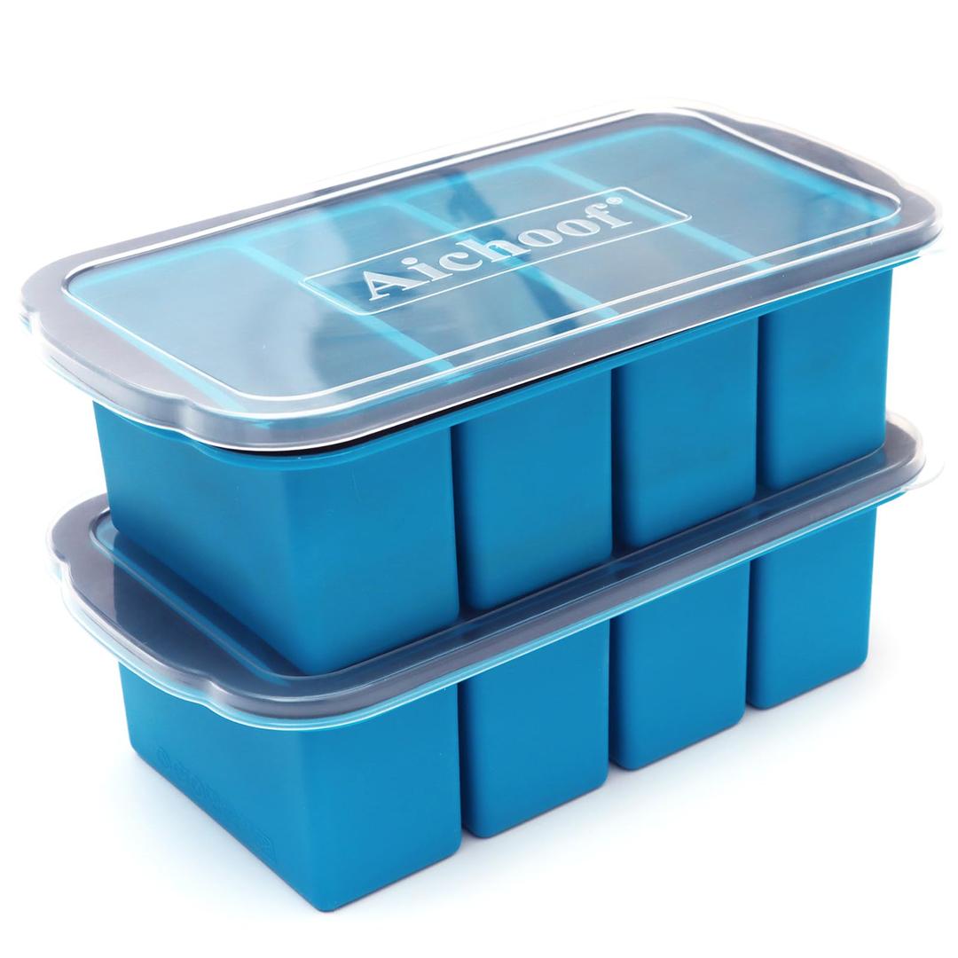 1&1/2-Cup Extra Large Freezing Tray for soup,broth,sauce or butter,2 pack Ice Cube Trays with lid, Silicone Freezer Container Molds Soup Trays -makes four great portions 1cup Cube(2 PACK, Blue)