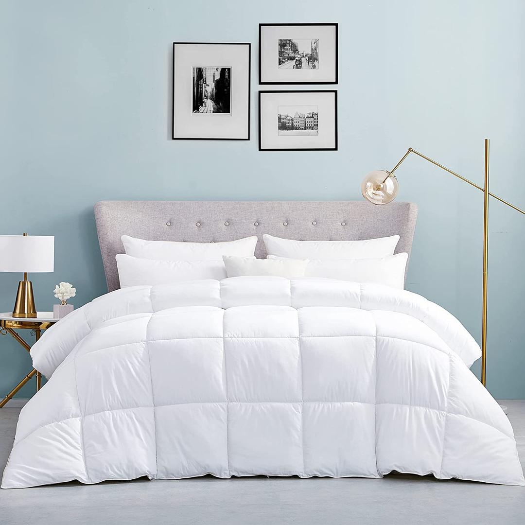 Luxurious Oversize California King Size Hard-to-FIND 75 Oz Fill Weight Goose Down Alternative Comforter, 600 Thread Count 100% Egyptian Cotton Cover, 700 Fill Power, Solid White Color