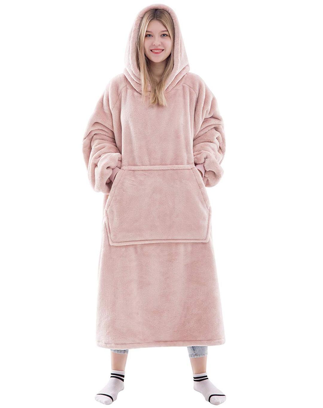 Waitu Wearable Blanket Sweatshirt for Women and Men, Super Warm and Cozy Giant Blanket Hoodie, Thick Flannel Blanket with Sleeves and Giant Pocket - Pink