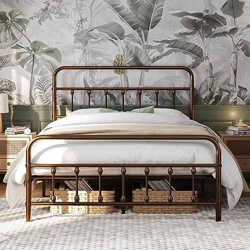 Yaheetech Classic Metal Platform Bed Frame Mattress Foundation with Victorian Style Iron-Art Headboard/Footboard/Under Bed Storage/No Box Spring Needed/Queen Size Bronze