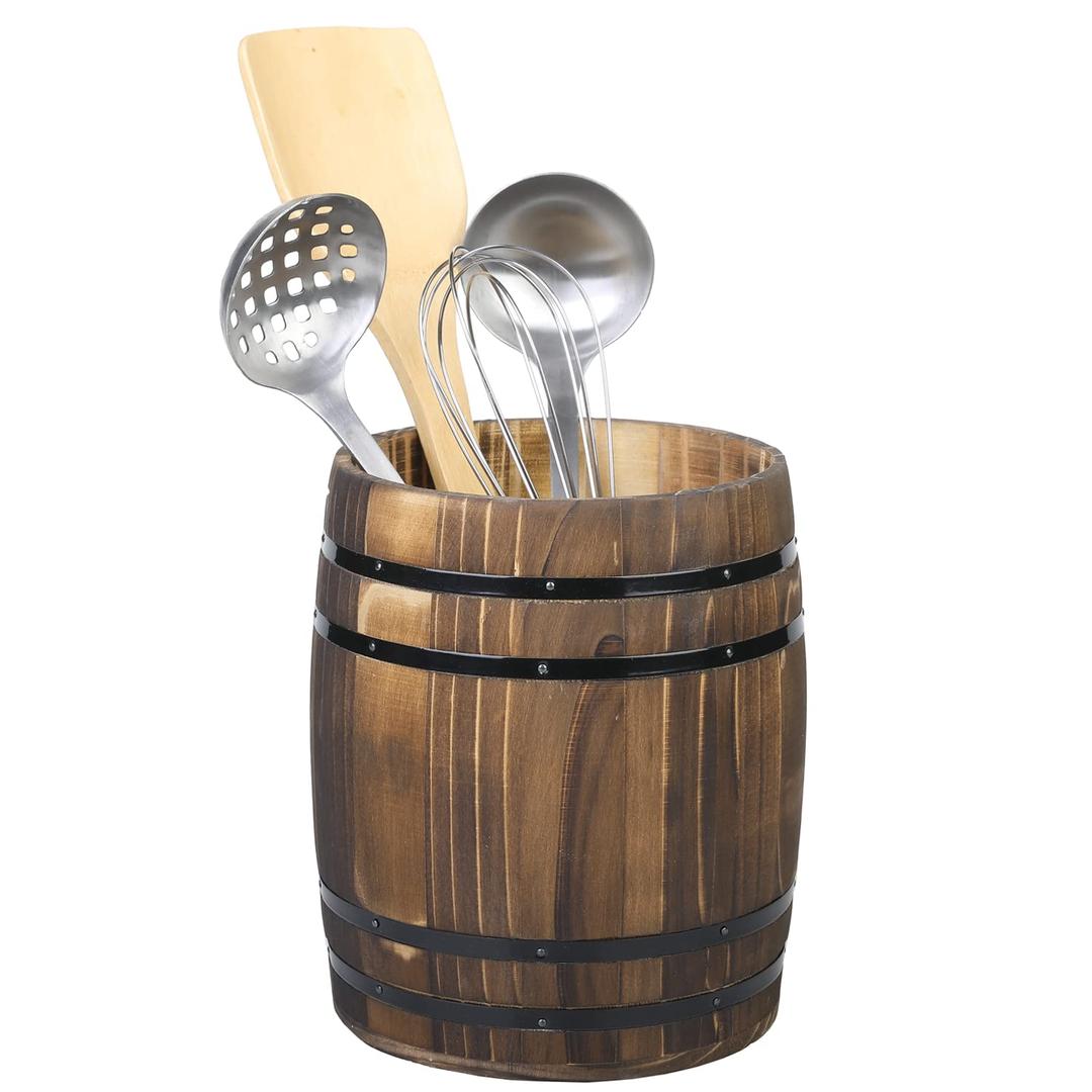 MyGiftWine Barrel Design Kitchen Utensil Crock, Vintage Rustic Burnt Wood Cooking Tool Holder