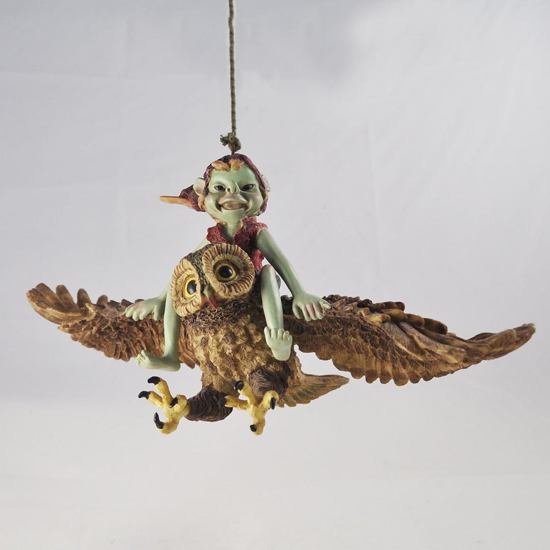 Pixie Riding Owl, Rope Hanging Ornament - Green Garden Home Decor - Fun Quirky Gift Figurine - Anthony Fisher