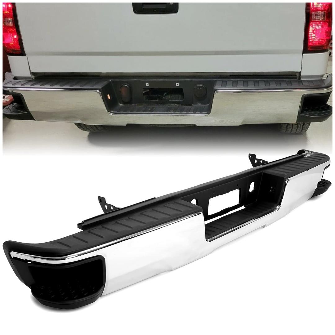 ECOTRIC Rear Step Bumper Assembly Compatible with 2014-2019 Chevy Chevrolet Silverado & GMC Sierra 1500 Chrome Replacement for GM1103176 GM1103175 (W/O Sensor Holes W/Conner Step Hole)