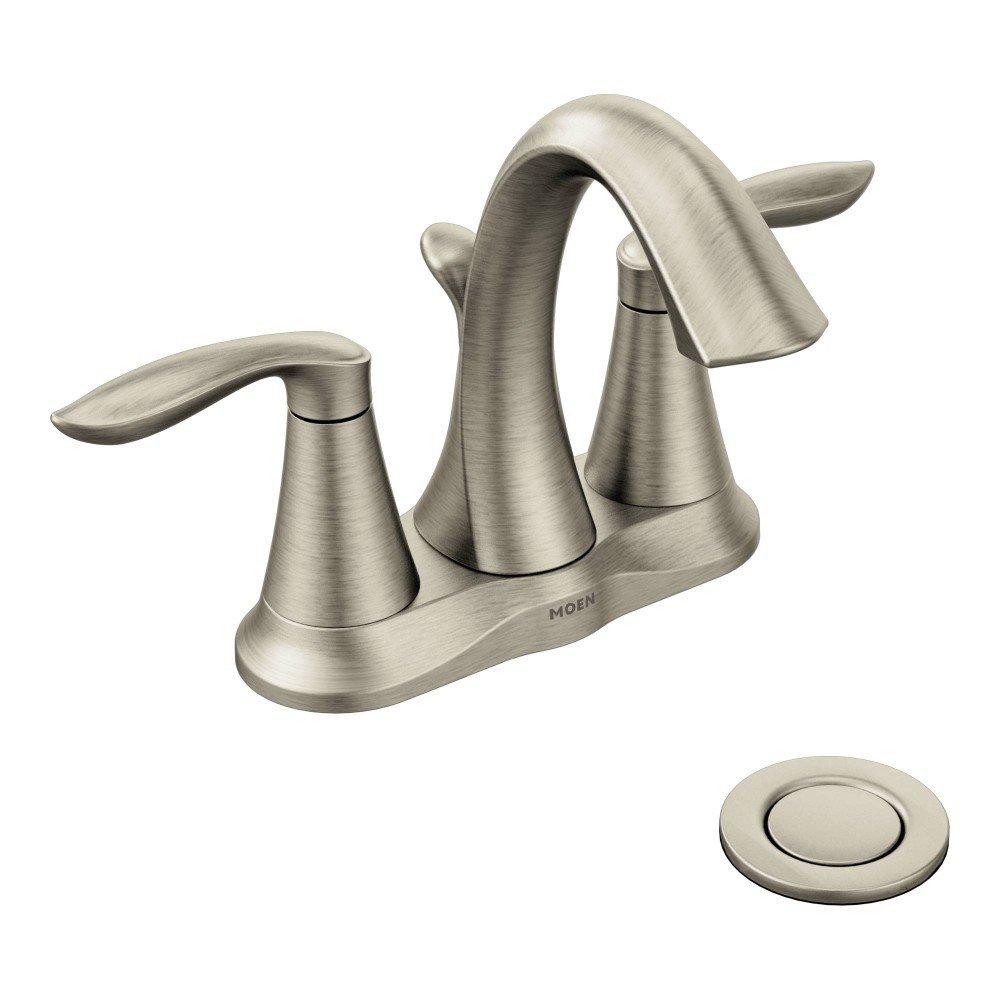 MoenEva Brushed Nickel Two-Handle 4-Inch Centerset Bathroom Faucet with Drain Assembly, Bathroom Faucets for Sink 3-Hole, 6410BN