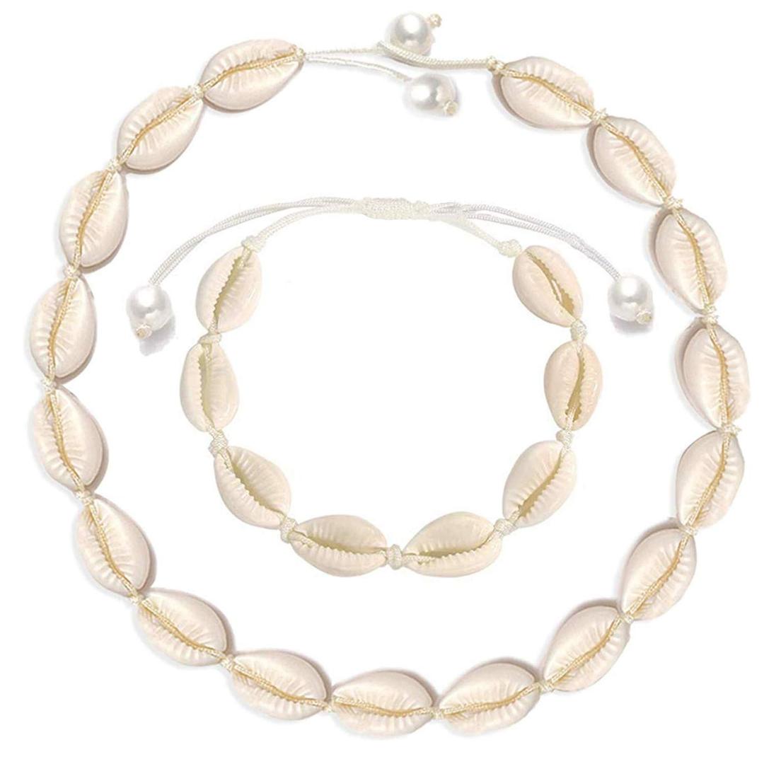 Cilkus Natural Shell Necklace Bracelet Anklet Set, Handmade Adjustable Pearl Buckle Summer Boho Hawaii Beach Seashell Choker Jewelry Gift for Women Girls