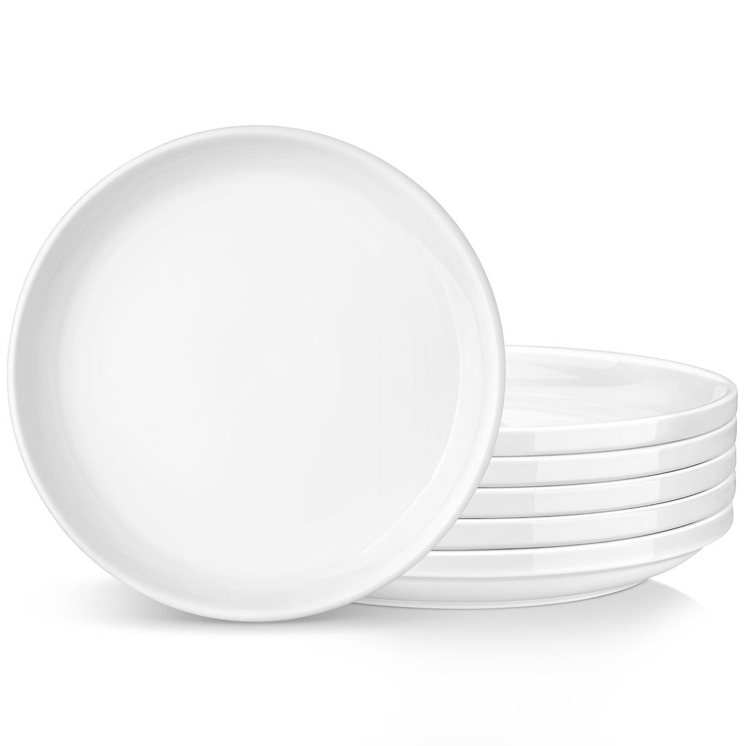 LOVECASA White Plates Set of 6, 10.5 Inch Porcelain Plates Ceramic Dinner Plates with Lipped Edges, Scratch Resistant Salad Plates Round Dishes for Kitchen, Microwave and Dishwasher Safe