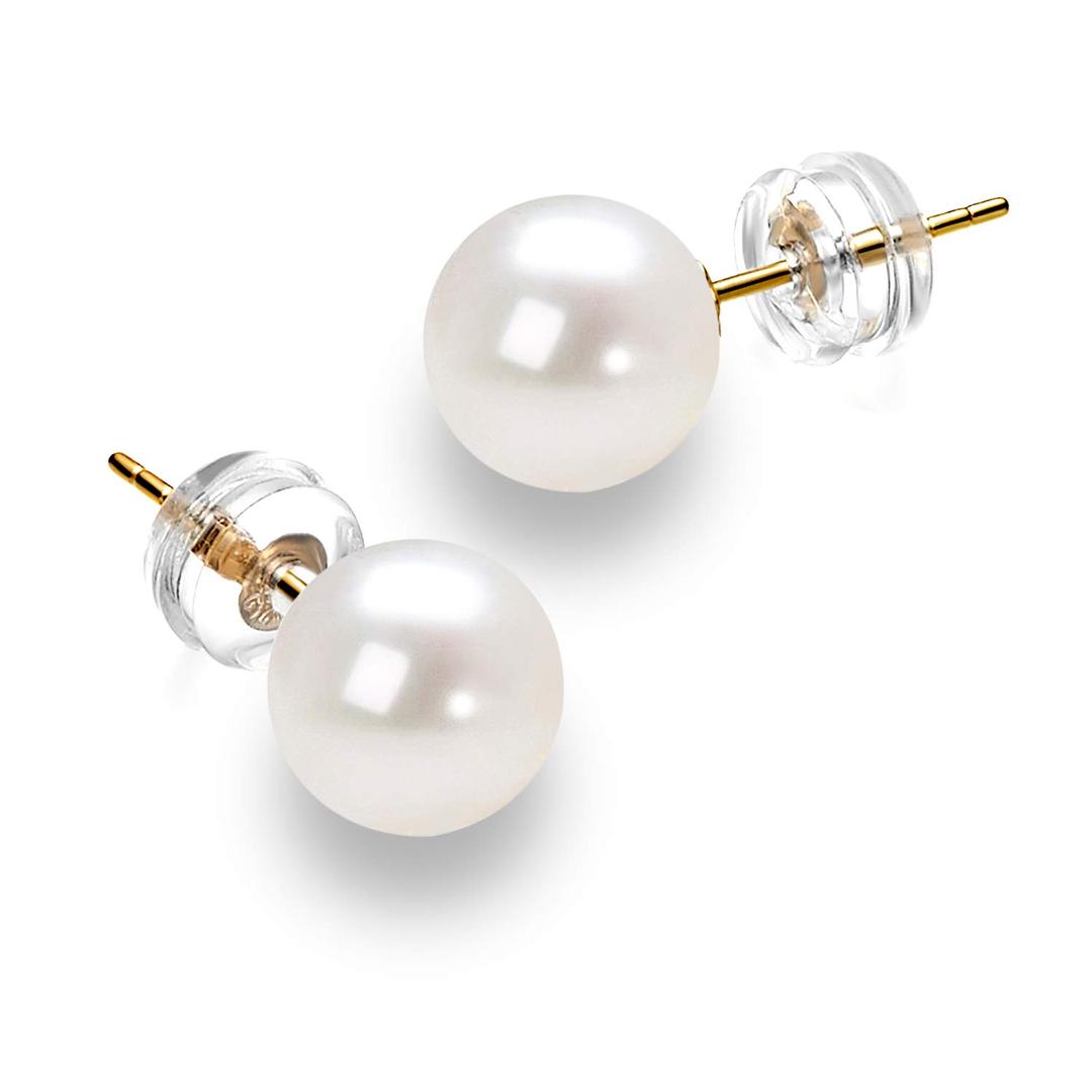 JORA14K Gold Round White Freshwater Cultured Pearl Stud Earrings for Women - AAAA Quality