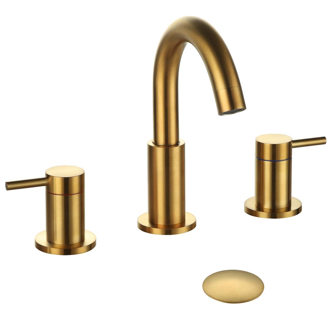 Brushed Gold Bathroom Faucet,Two Handle 8 inch Widespread Bathroom Sink Faucet Gold with Pop-up Drain & Supply Lines (Brushed Gold)