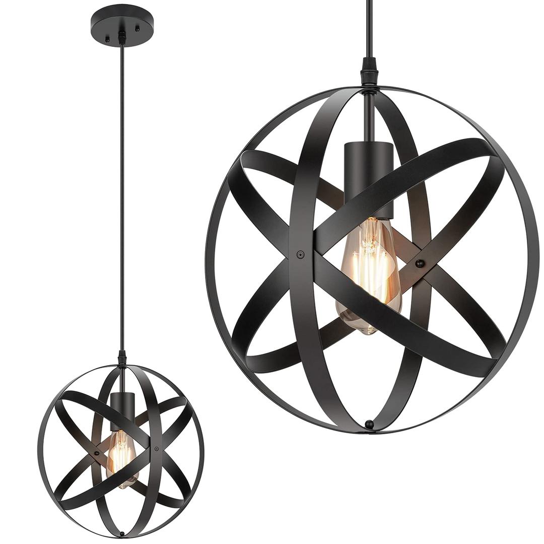 Industrial Metal Pendant Light, 11.8'' Farmhouse Hanging Light Fixtures, Adjustable Chandelier Ceiling Lamp, Spherical Pendant Lighting for Kitchen Island Dining Room, LED Bulb Included, Matte Black