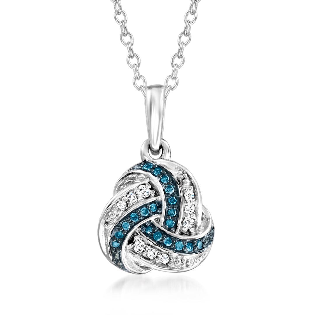 Ross-Simons0.10 ct. t.w. Blue and White Diamond Love Knot Pendant Necklace in Sterling Silver