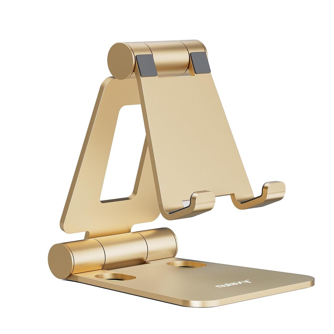 Nulaxy Dual Folding Cell Phone Stand, Fully Adjustable Foldable Desktop Phone Holder Cradle Dock Compatible with Phone 16 15 14 13 12 11 Pro Xs Xs Max Xr X 8, Nintendo Switch, All Phones - Gold