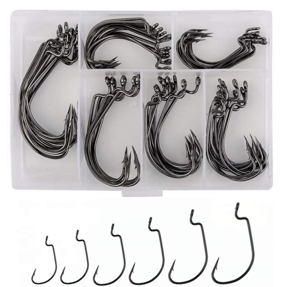 60pcs Offset Worm Hook High Carbon Steel Wide Gap Bait Jig Fish Hooks with Plastic Box #1-5/0