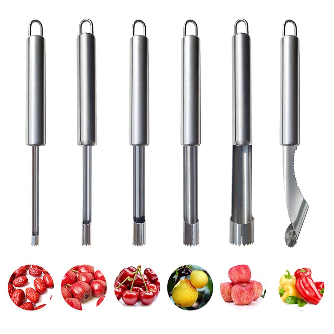 6 Pieces Corer and Pitter Fruit & Vegetable Multi-Function Stainless Corer and Pitter Remover Set for Apple, Pear, Cherry, Jujube, Red Dates, Berry, Chili