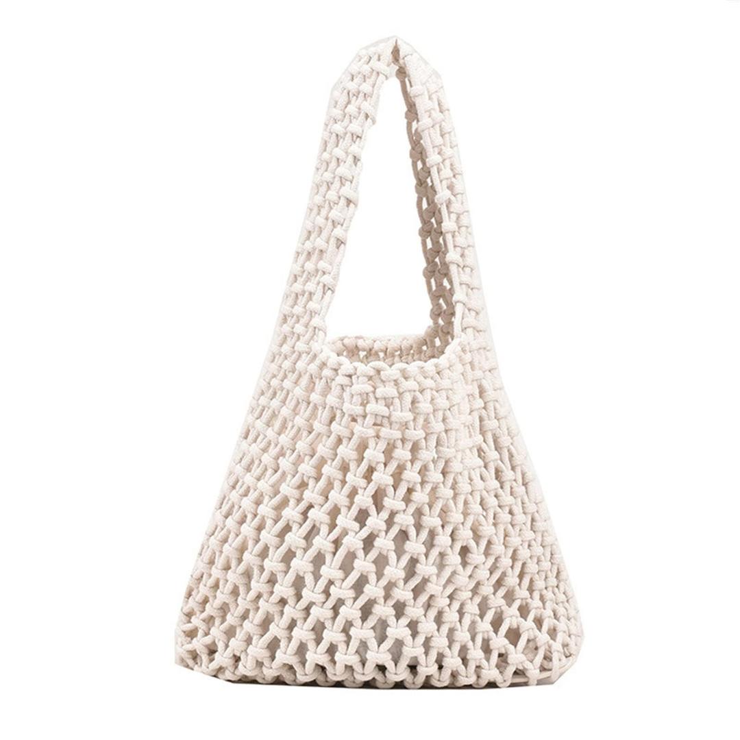 OossuiezlWomen Clutch Handbag Tote Cotton Crochet Bucket Top-handle Drawstring Summer Beach Woven Fishing Net Pouch Purse