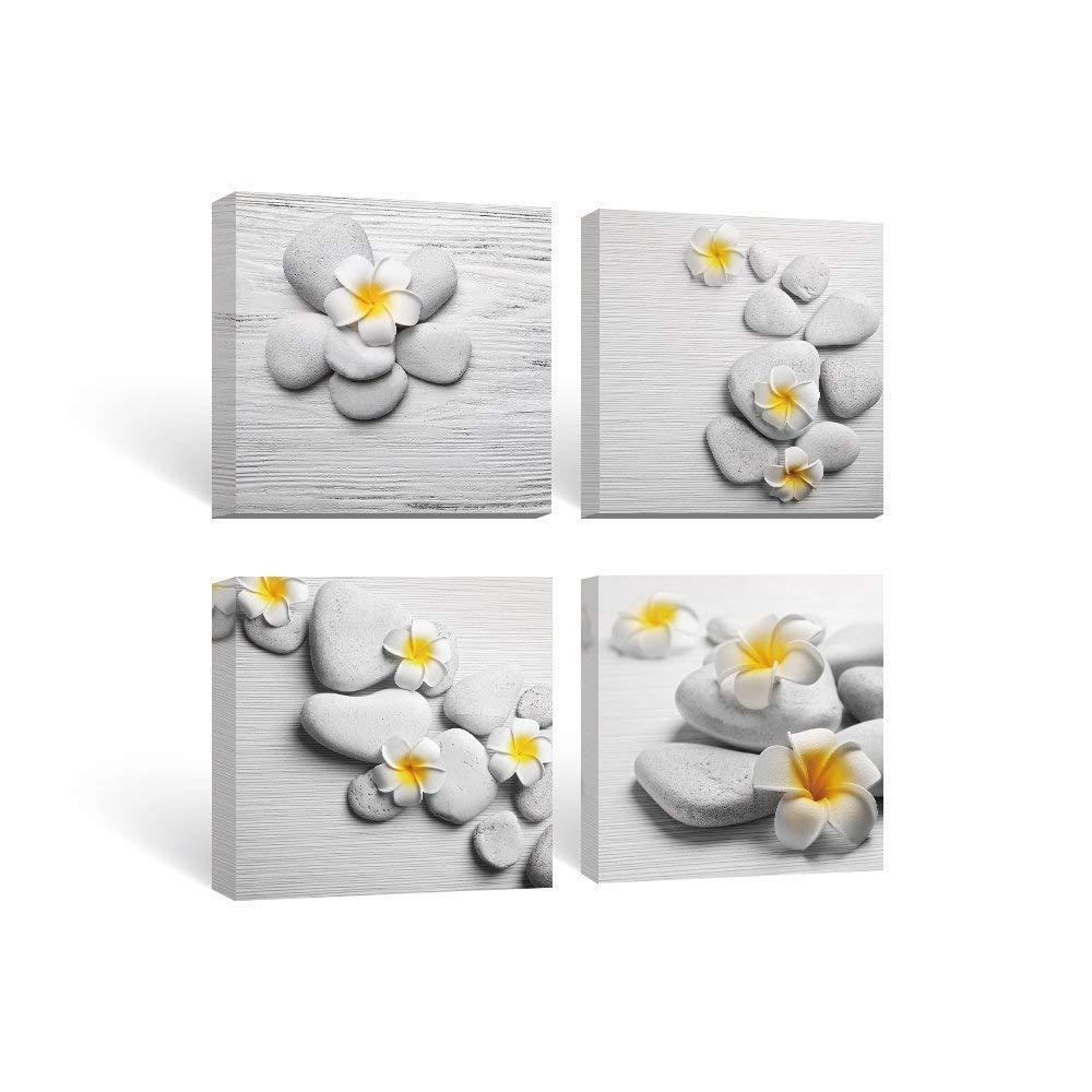 SUMGAR Bathroom Decor Wall Art Yellow Gray Pictures Flowers and Pebble Stone Zen Modern Canvas Paintings for Bedroom Living Room 4 Panel 12x12 in