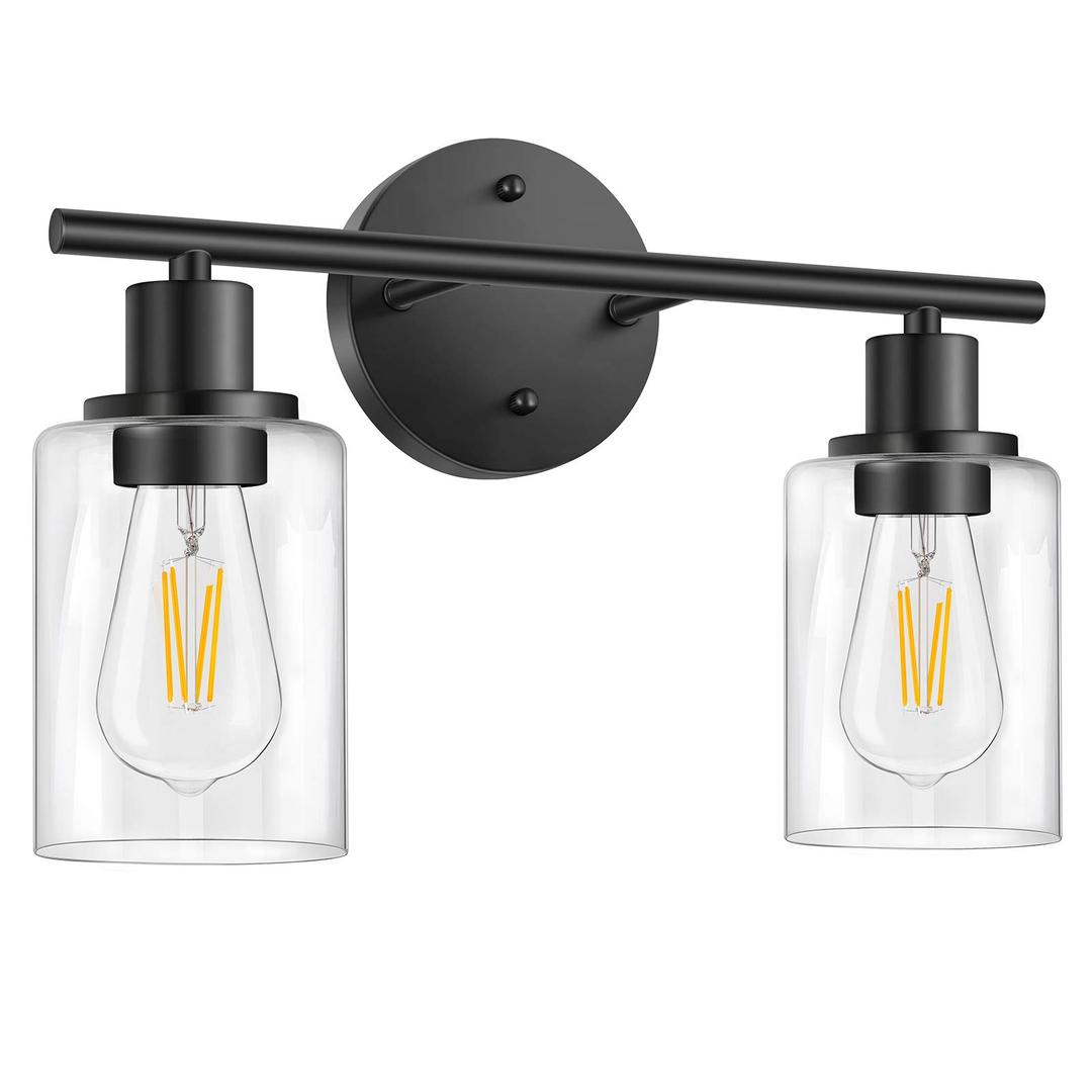 FOLKSMATE Bathroom Light Fixtures, 2 Light Matte Black Vanity Light, Vintage Wall Sconces Lighting, Modern Bath Wall Mounted Lights with Glass Shade