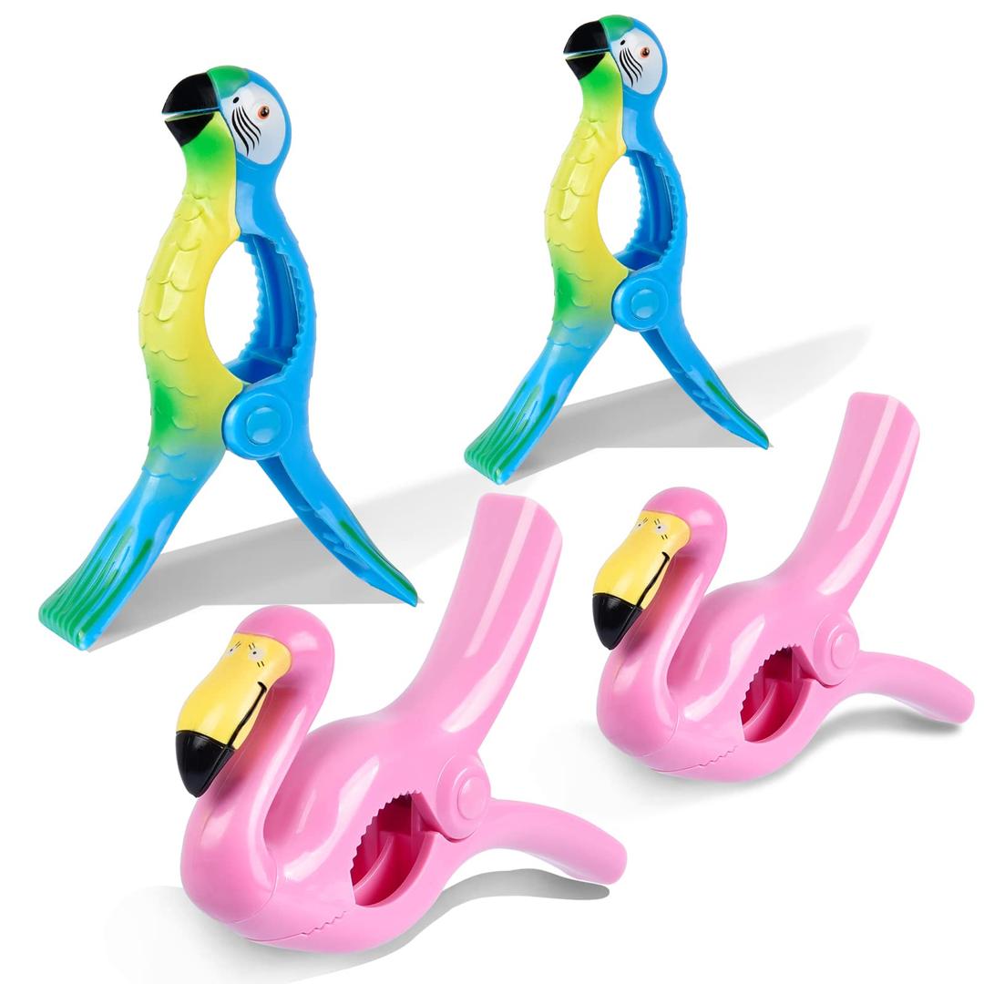 Beach Towel Clips, Sopito Jumbo Size Towel Clips for Beach Chairs Cruise Pool Patio or Daily Use-Secure Hang Seal, Set of 4 (Flamingo Parrot)