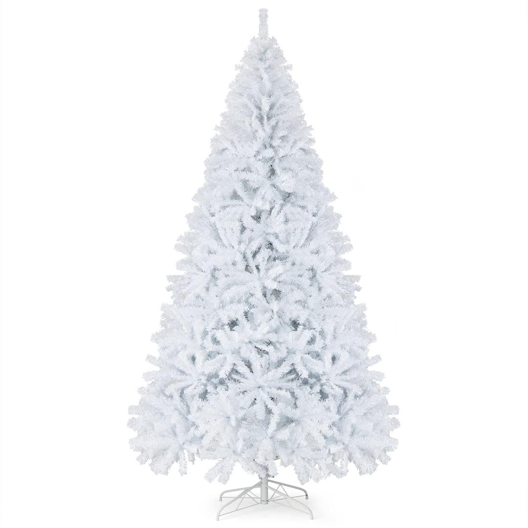 Goplus White Artificial Christmas Tree, 9ft Premium Unlit Hinged Spruce Full Tree, with Metal Stand, Easy Assembly, for Indoor and Outdoor Use