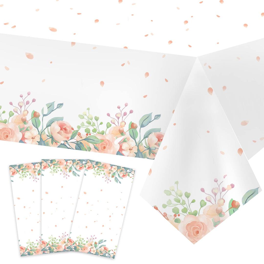 3 Pack Floral Plastic Tablecloths( 108"x54" Waterproof and Oilproof, Rectangle Tablecloth with Pink Floral Patterns, Flower Party Decorations for Birthdays,Weddings，Picnic,Tea Party and Baby Shower