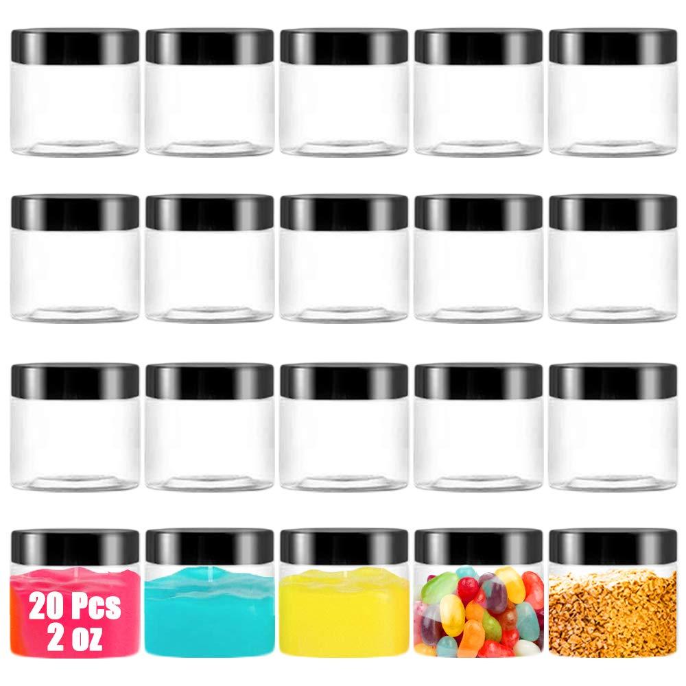 20 Pack 2 oz Clear Plastic Round Slime Containers,Empty Plastic Storage Jars with Black Lids,Refillable Storage Container for Slime,Cosmetic,Cream,Paint,Jewelry