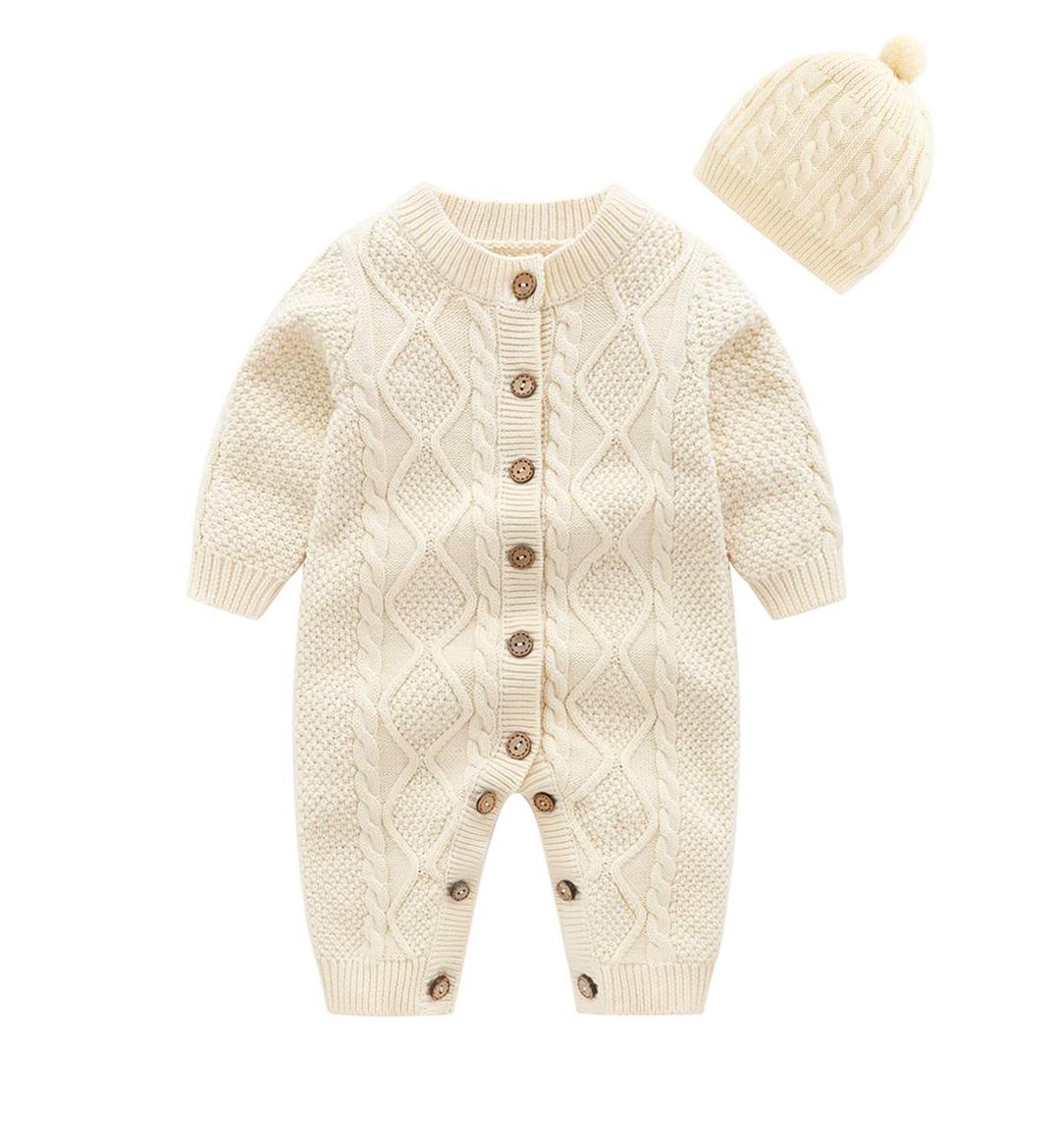 JunNengBaby Newborn Cotton Knitted Sweater Romper Longsleeve Outfit with Warm Hat Set