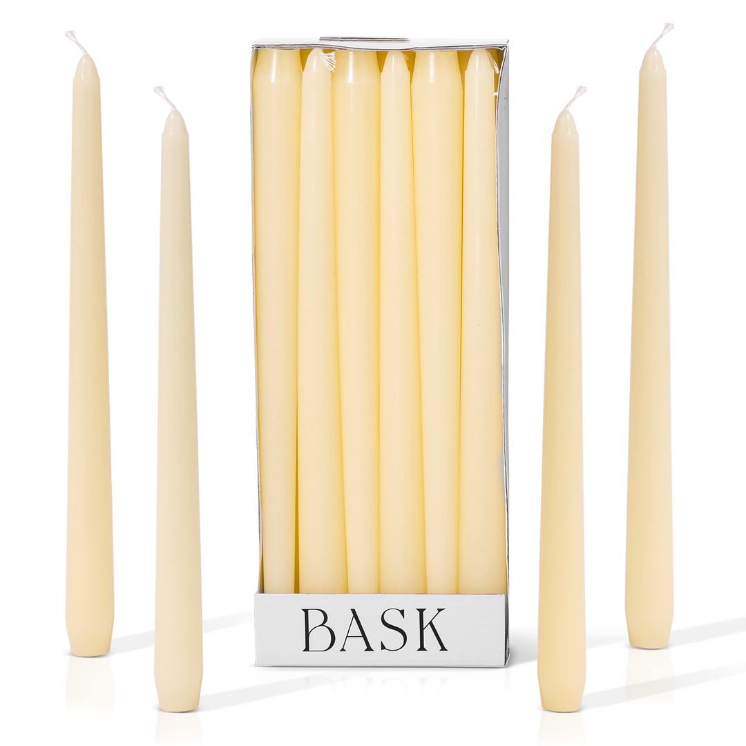 Bask10-inch Taper Candles - Unscented and Dripless - Burns for 8 Hours - Home Decor for Dinner Table, Kitchen, and Bedroom - Perfect for a Romantic Date or Anniversary - 12-Pack - Ivory