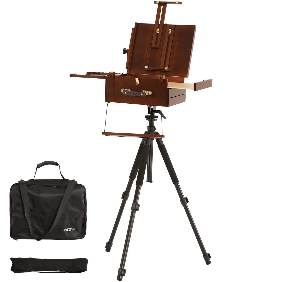 VISWINPortable Plein Air Easel, Pochade Box with Aluminum Tripod & 2 Nylon Carry Bags, French Tabletop & Floor Easel Stand for Painting, Displaying Outdoor, Travel Easel for Artist, Adult, Beginner