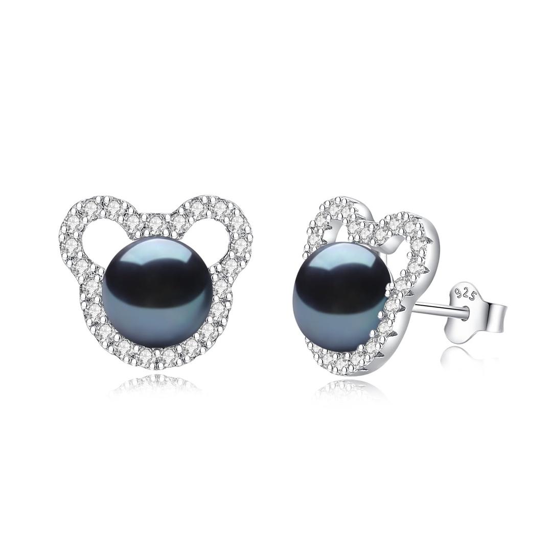 BAMIKI Black Pearl Earrings, 925 Sterling Silver Girl's Pretty Mickey Mouse Pearl Studs, Akoya Saltwater Cultured 8-8.5mm Pearls Hypoallergenic Earrings for Women, Sparkle Cubic Zirconia Earrings, CZ