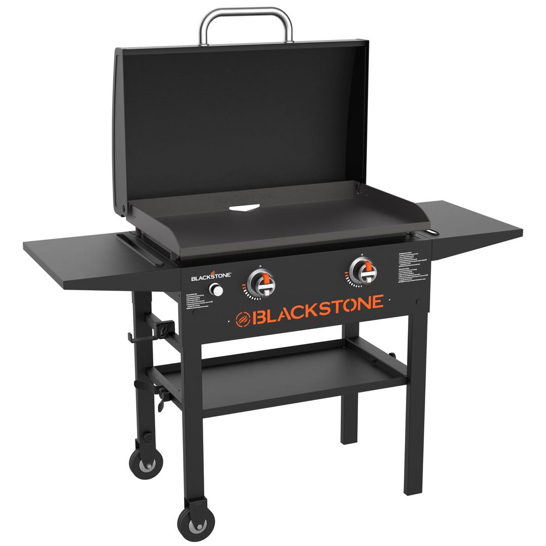 BLACKSTONE1883 Original 28” Griddle with Integrated Protective Hood and Counter Height Side Shelves, Powder Coated Steel, Black