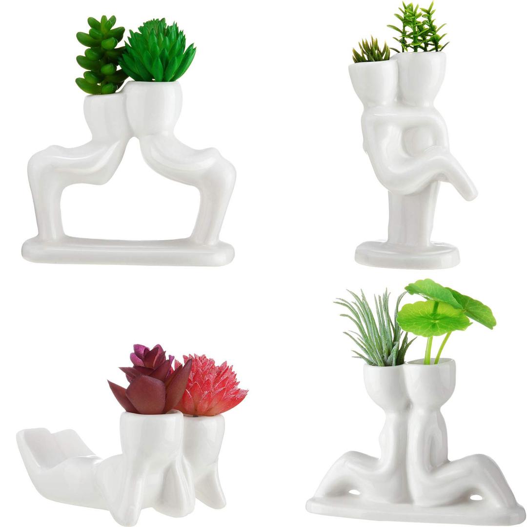 4 Pieces Ceramic Air Planters Holder People Head White Cute Table Top Display for Air Plants Lovers DIY Decoration Home Office Holiday (Lovers Style)