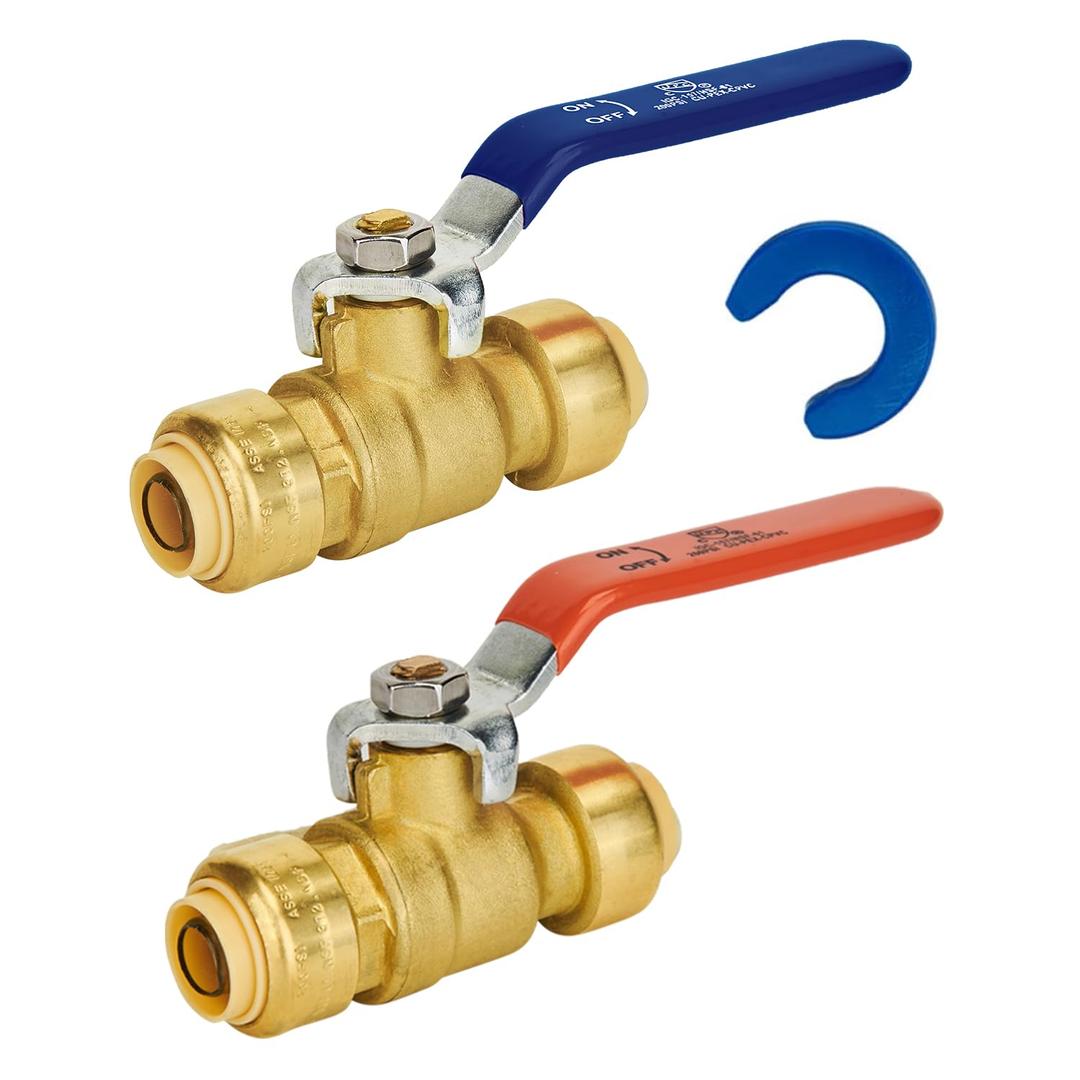 Shut Off Ball Valve 1/2 Inch, SUNGATOR 1/2 Inch Ball Valve, Push to Connect Water Shut off Valve, Easily Match to Pipe using Red and Blue Handle, No Lead Brass Fitting, PEX Pipe,Copper,CPVC, Pack of 2