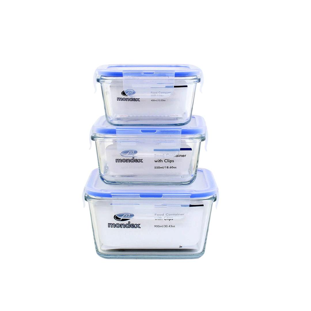 Mondex3-Piece Food Container Set Small (440) Medium (550), Big (900) ml, Clear/Blue, cmd40590