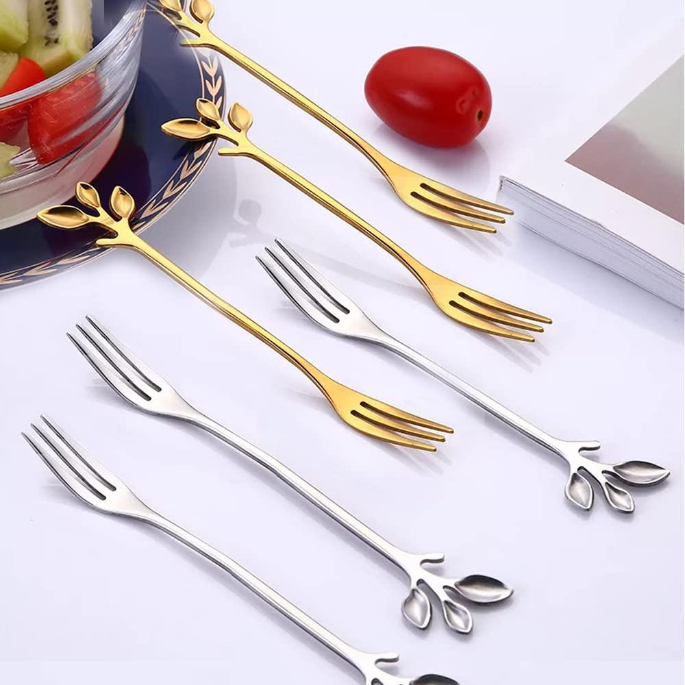 Mini Forks Set Stainless Steel Gold Leaf Decorative Party Cutlery Fancy Tableware Stirring Mixing Dessert Fruit Cake BBQ Appetizers Party Wedding Birthday Set of 6 (Silver+Gold)