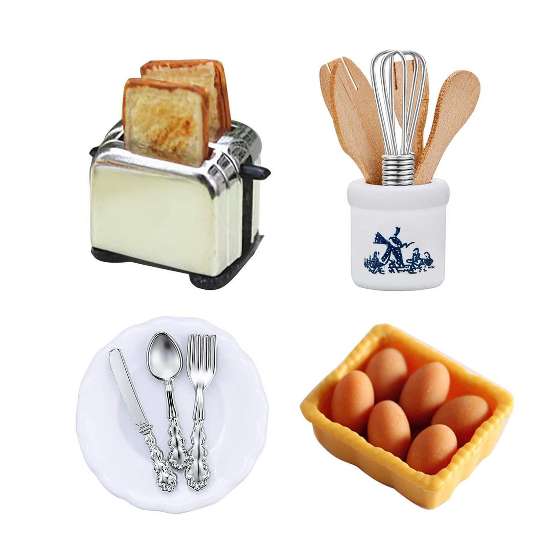 G0lden&Mang020 Pcs Dollhouse Decor Kitchen Accessories,1:12 Scale 1Pc Miniature Toast Machine with 2Pcs Toys,1 Set Egg Beater and Boxed Model Plate 3Pcs Knife Fork Spoon for Kids Gift