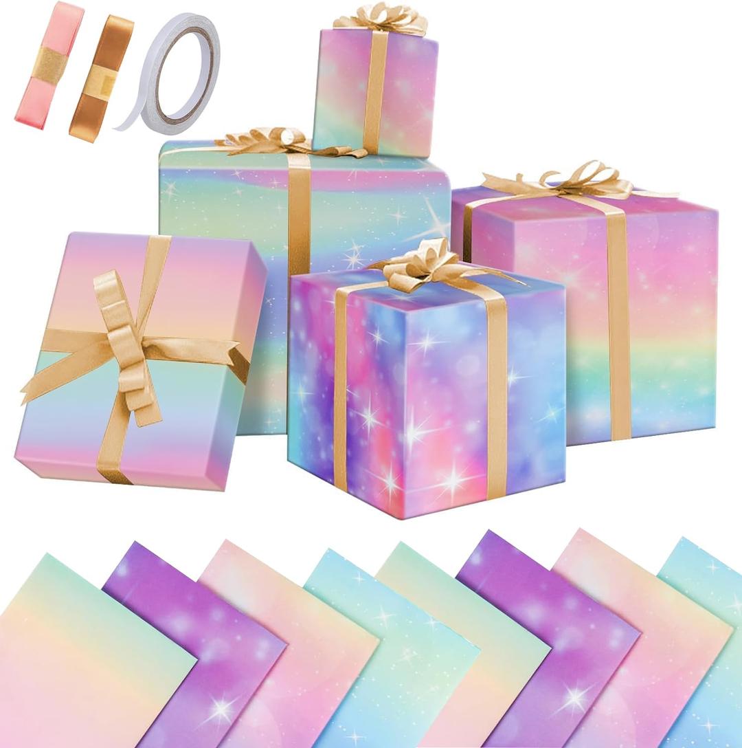 Gifts Wrapping Paper Set, Starry Sky Gradient Colour Gift Wrapping Paper with Tape & Strings, Gift Wrap Perfect for Mother Day, Valentine Day, Party, Birthday for Women Girls