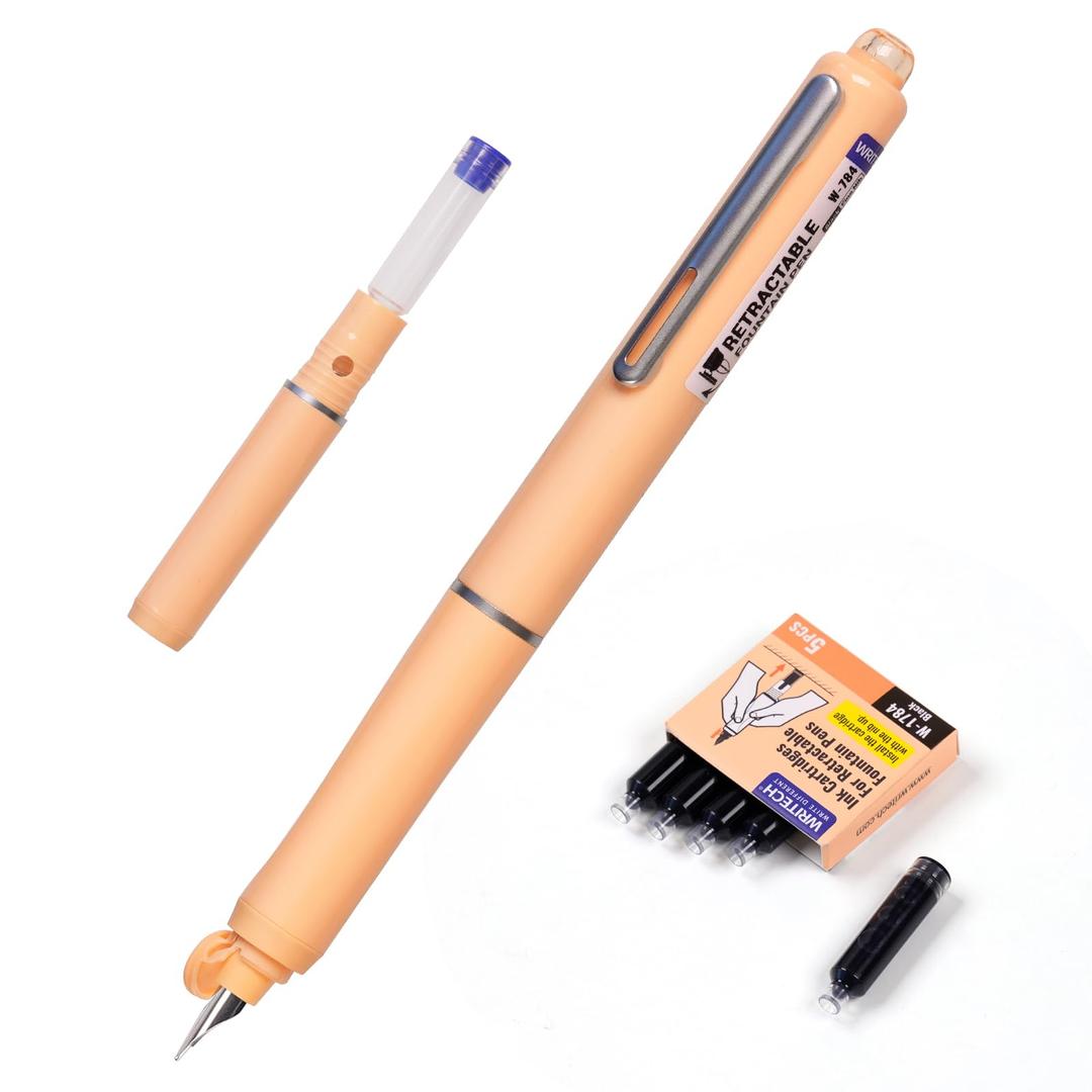 WRITECHRetractable Fountain Pen Set: Fine Nib Black Ink Pen Includes 5 Ink Cartridges No Leaking for Smooth Writing (Orange)