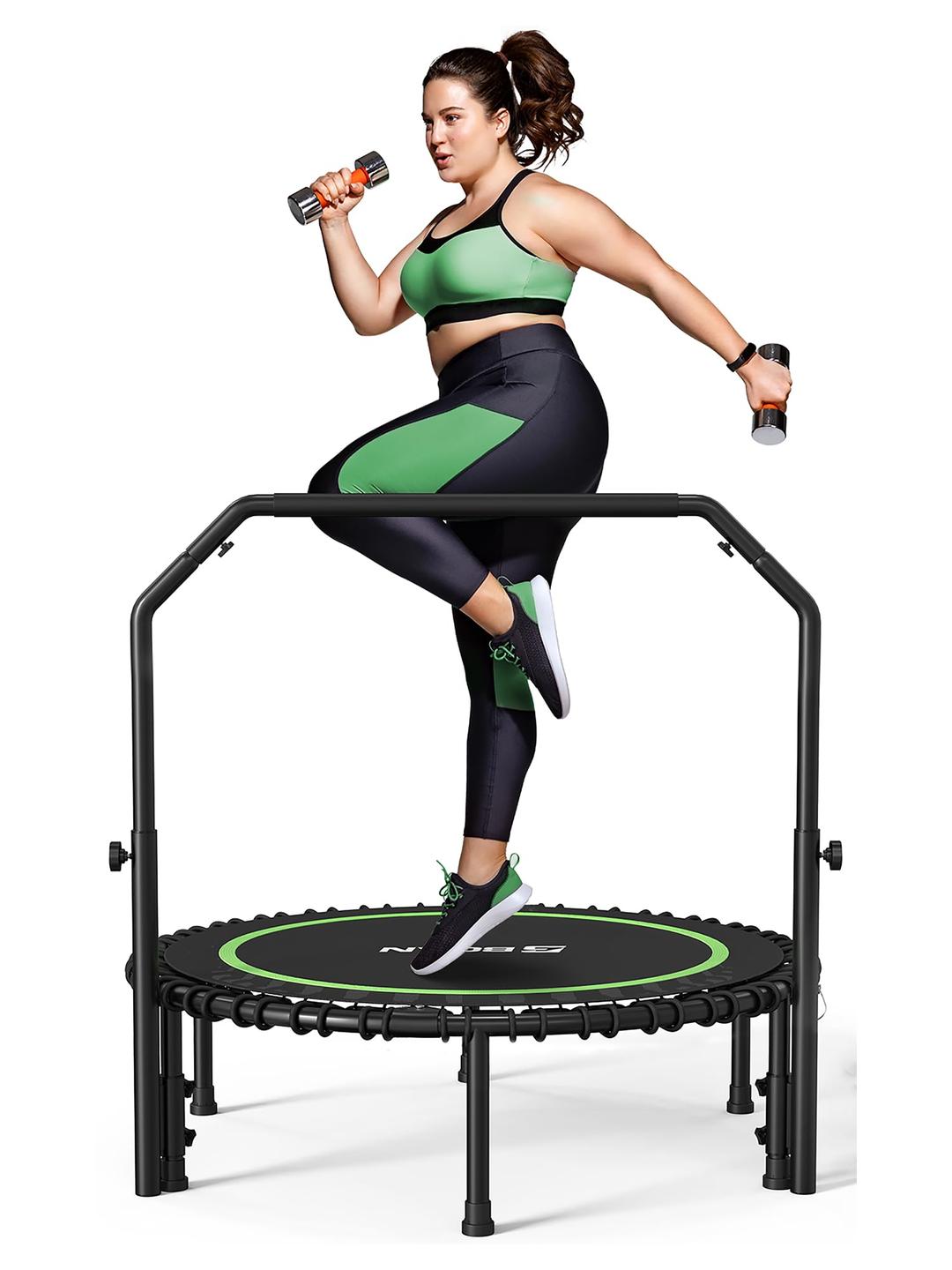 BCAN450/550 LBS Foldable Mini Trampoline, 40"/48" Fitness Trampoline with Bungees, U Shape Adjustable Foam Handle, Stable & Quiet Exercise Rebounder for Kids Adults Indoor/Garden Workout