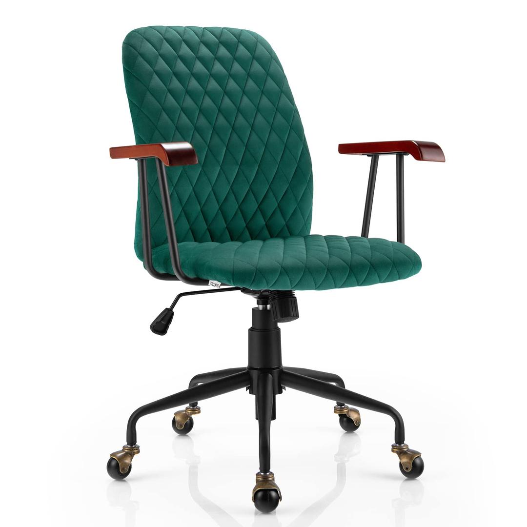 Giantex Home Office Desk Chair Green, Vintage Adjustable Swivel Rolling Chair with Copper Wheels & Armrest, Mid Century Leisure Chair, Velvet Upholstered Computer Chair for Work, Study