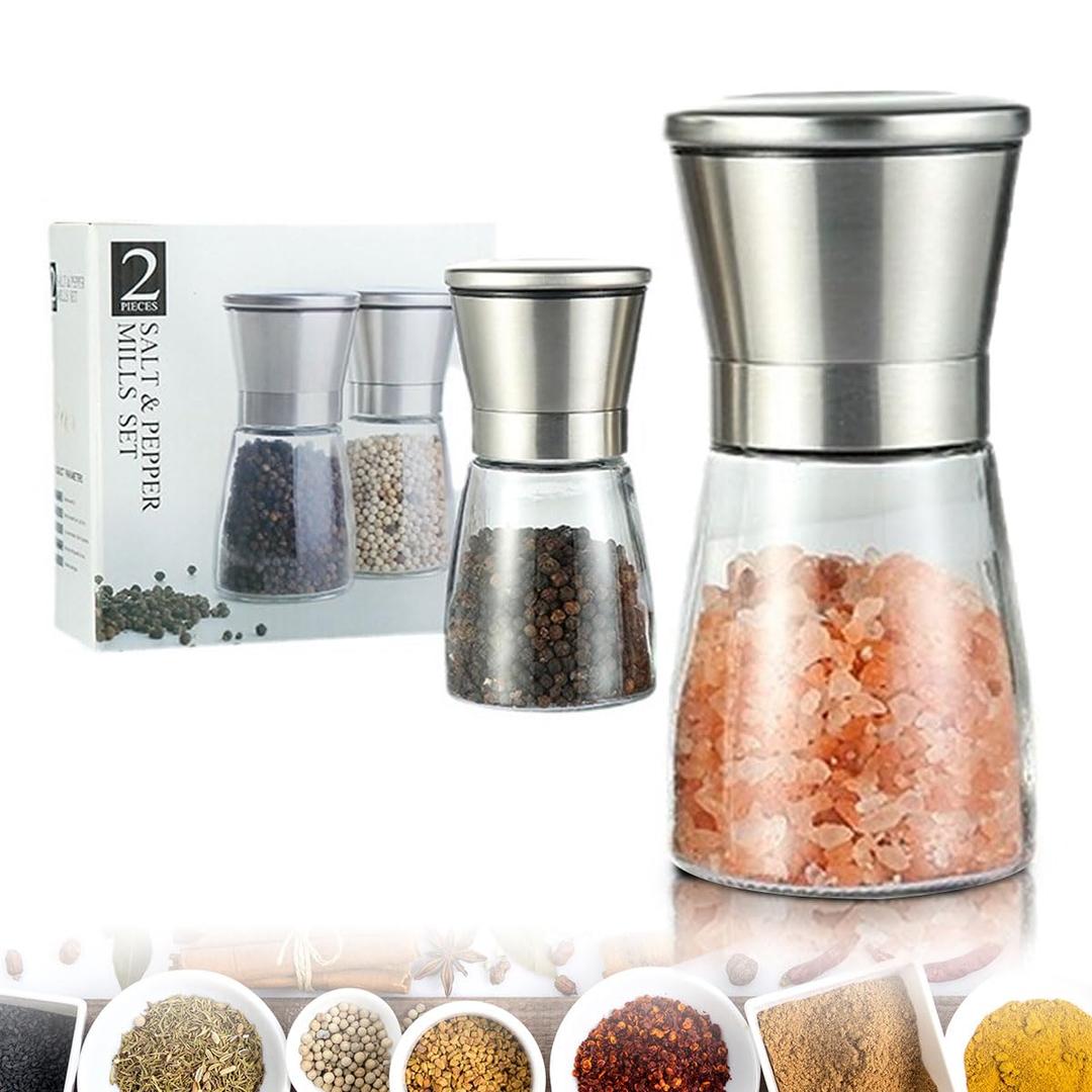 Uoexziyi Salt and Pepper Grinder, 2-Pack Stainless Steel Salt & Pepper Grinders Refillable Set with Adjustable Coarseness for Sea Salt, Black Peppercorn, Spices (2 Pack)