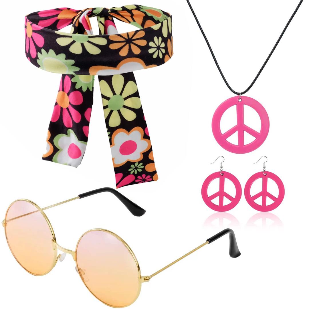 Ailesiy Women Hippie Costume Set - 60's 70s Style hippie bohe headband Retro Vintage Glasses Peace Sign Necklace, 1960s 1970s Hippie Hippy Abba Fancy Dress Up Costume Women Disco Outfit