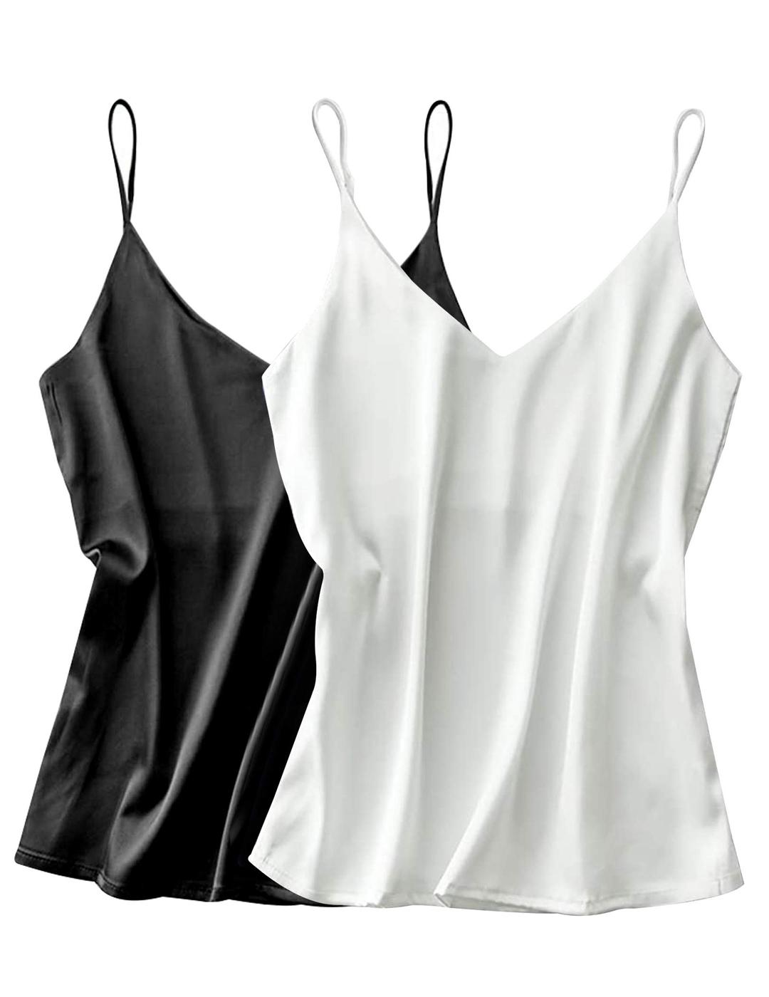 EkouaerWomens Silk Satin Tank Top 2 Pack V Neck Basic Camisole