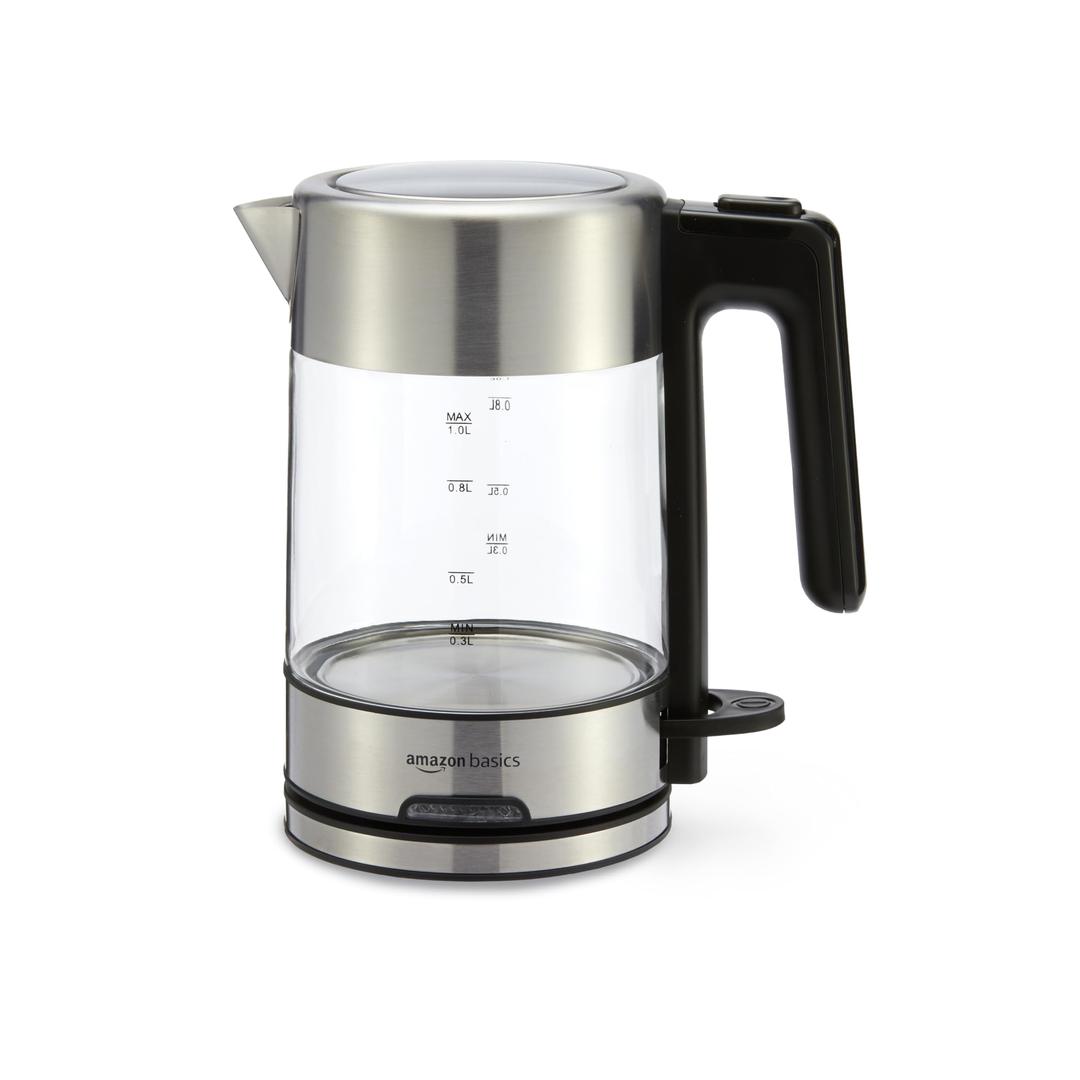 Amazon BasicsElectric Kettle, Tea Kettle for Hot Water, Coffee & Tea, With Auto Shut-Off, Boil Dry Protection, Strix Thermostat, BPA-Free, 1.1 Quarts (1.0L), 1500W, Glass and Steel, Black & Silver