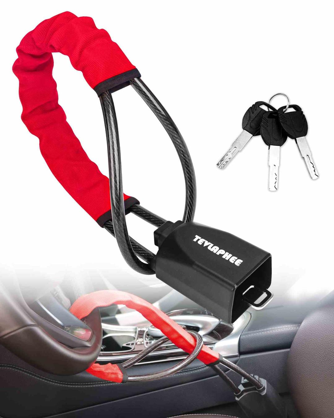 TevlapheeSteering Wheel Lock Seat Belt Lock Universal Anti Theft Device Car Lock Theft Prevention with 3 Keys for Car Security Fit Most Vehicles Truck SUV Van(Red)